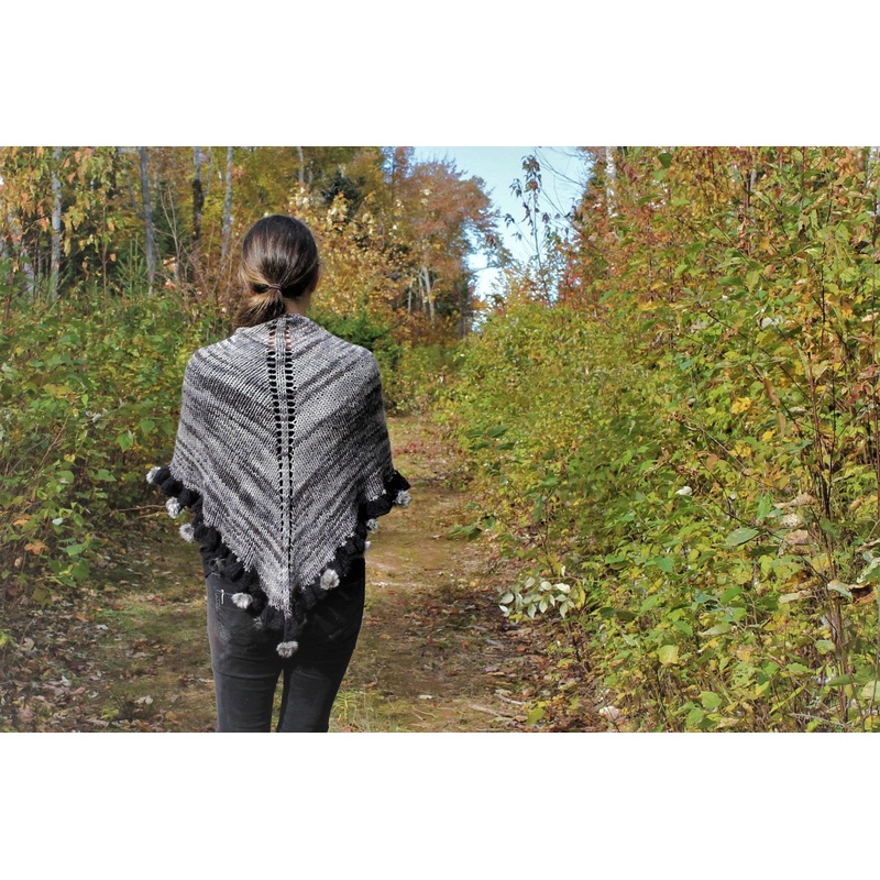 Evening Walk Shawl Kit|Stones/Crow Wing/Grey Pompoms|Crow Wing/Black Pompoms|Crow Wing/White Pompoms|Crow Wing/Grey Pompoms