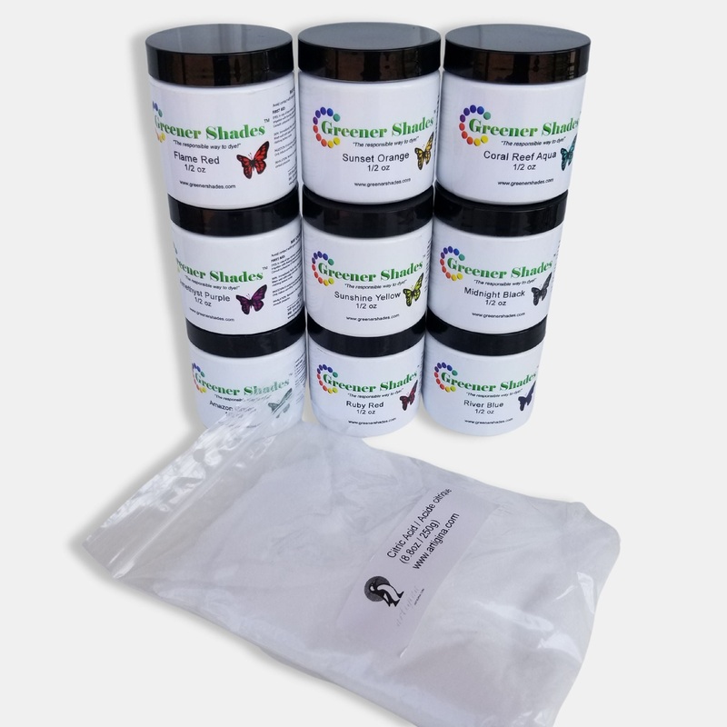 Greener Shades Dyes|Starter Kit|Flame Red 1/2 oz|Ruby Red 1/2 oz|Sunset Orange 1/2 oz|Sunshine Yellow 1/2 oz|Amazon Green 1/2 oz|River Blue 1/2 oz|Amethyst Purple 1/2 oz|Coral Reef Aqua 1/2 oz|Midnight Black 1/2 oz