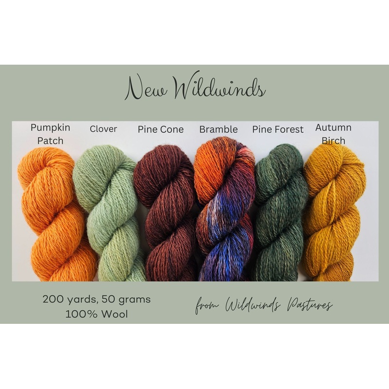 Wildwinds 2 Ply|Pumpkin Patch|Clover|Autumn Birch|Thistle|Rosy Cheeks|Mayflower|Petals|Aster|Sugared Plum|Cranberry|Natural Grey|Black|Trondheim Blue|A Night without Stars|Bramble|Pine Cone|Pine Forest|Natural White