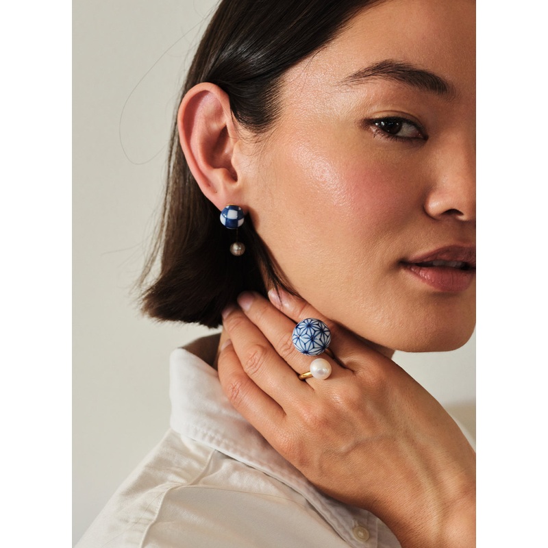 Arita Ware Motif Checkered Drop Pearl Earrings