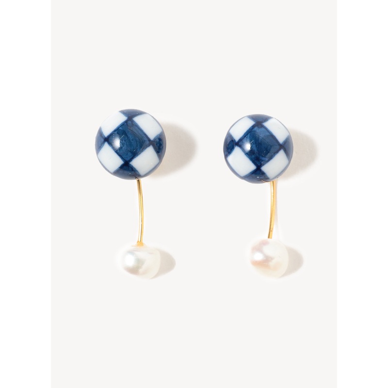 Arita Ware Motif Checkered Drop Pearl Earrings