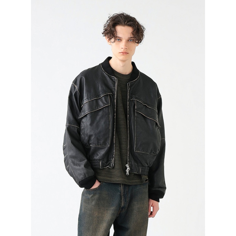 Distressed Leather Short Blouson