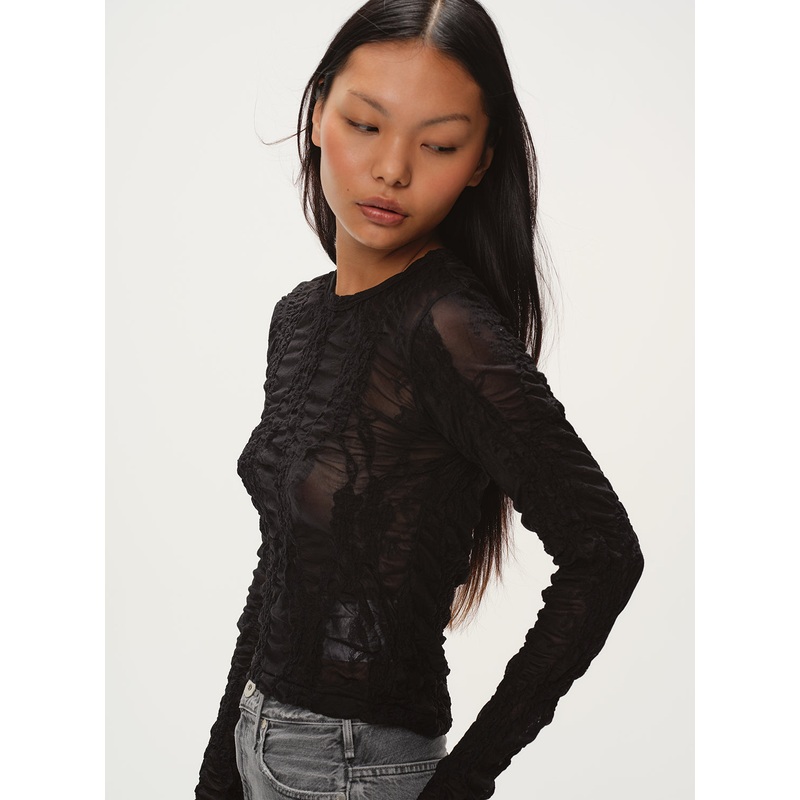 Sheer Lace Long Sleeve Tee|Black|One Size