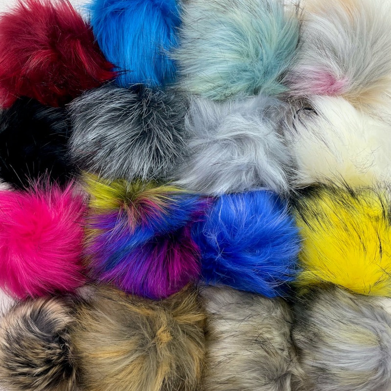 Faux Fur Vegan Pompoms|Yellow with Black Tips|Turquoise|Hot Pink|Pink/Blue/Chartreuse|Electric Blue|Pastel Blue with Silver Stripes|Charcoal|Pastel Lavender with Silver Stripes|Grey with Striped Camel, White, Black tips|Camel/Beige/Pink|Beige with Camel S