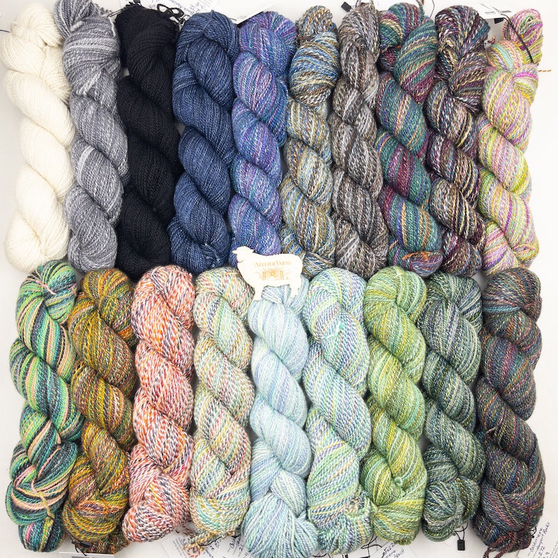 Tanglewood Cashmere Handspun|Agate Beach|Bear Creek|Black Abalone|Calypso Cove|Cape Arago|Carl the Fog|Cascadia|Crested Crane|Crested Crane Marl|Discovery Forest|Erica’s Sunstone|Erica’s Sunstone Marl|Fairfax|Fort Baker|Fort Baker Marl|Fort Vancouver|Lave