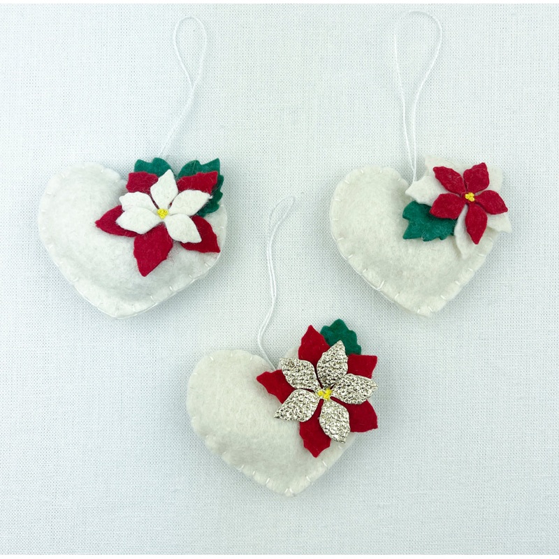 Felted Wool Ornaments|White Sheep|Black Sheep|Sleeping Sheep|Cat|Dove|Heart with Gold Poinsettia|Heart with Red Poinsettia|Heart with White Poinsettia