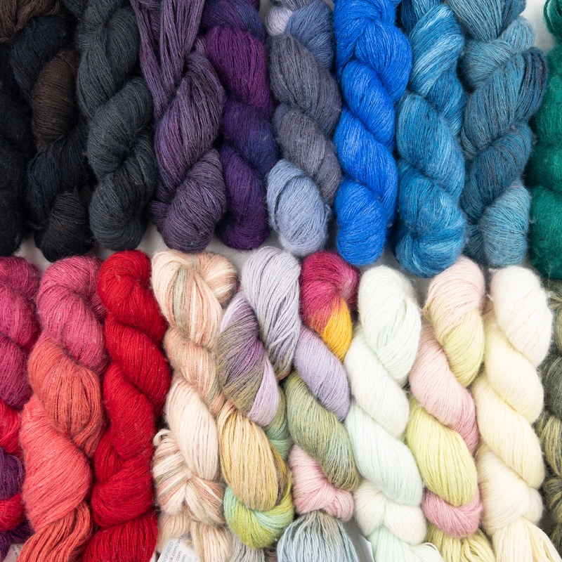 Artyarns Cashmere Sock|1015 – multi with pink|127 – blush and green|404 – butter yellow|2294 – variegated mint|164 – tan and green|115 – variegated coral|244 – red|1002 – greens|2284 – teal|2229 – variegated blue|226 – blue|H21 – dusky purple|916 – grey p