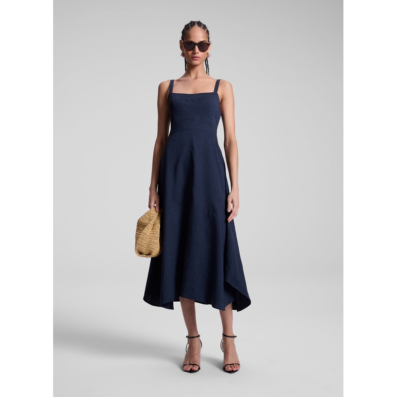 Harlow Linen Midi Dress|Navy|00|0|2|4|6|8|10|12|14