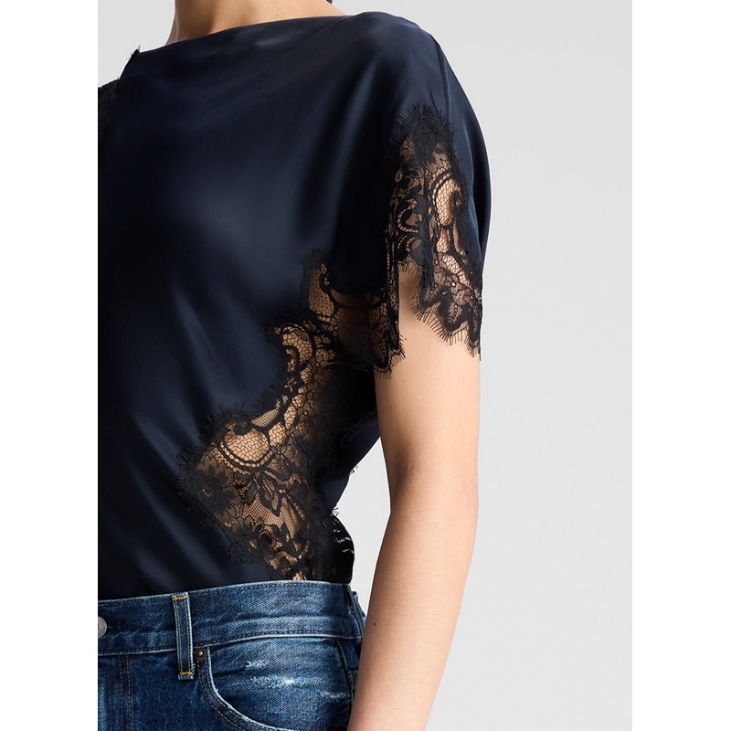 Alessia Satin and Lace Top|Dark Sapphire/Black|00|0|2|4|6|8|10|12|14