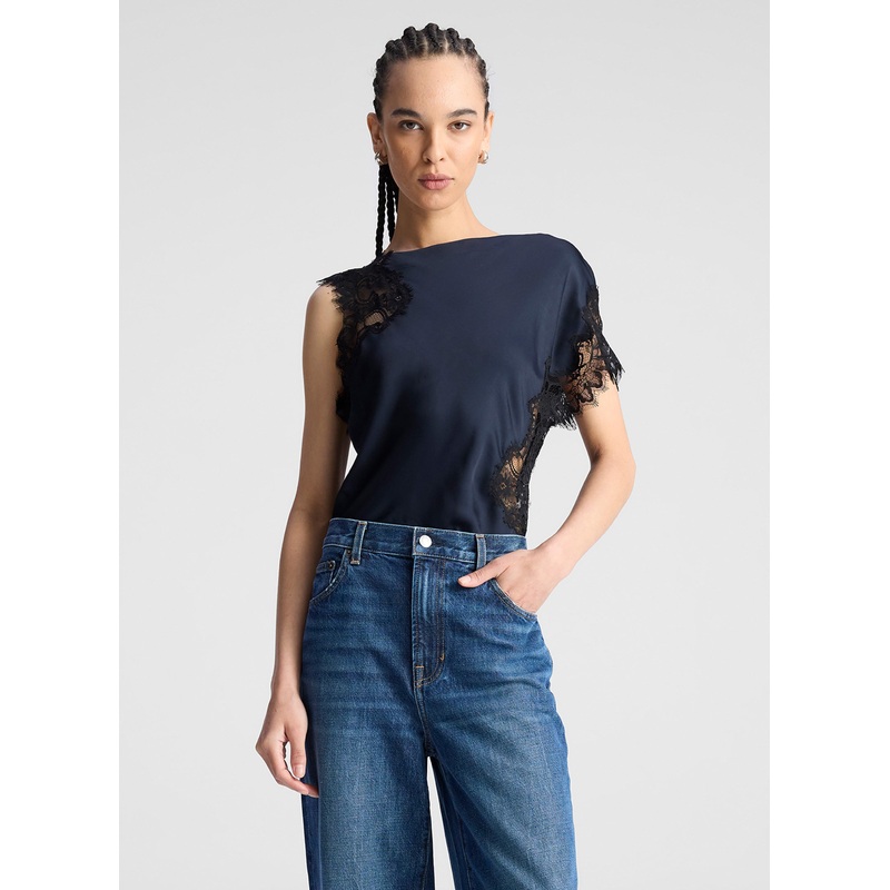 Alessia Satin and Lace Top|Dark Sapphire/Black|00|0|2|4|6|8|10|12|14