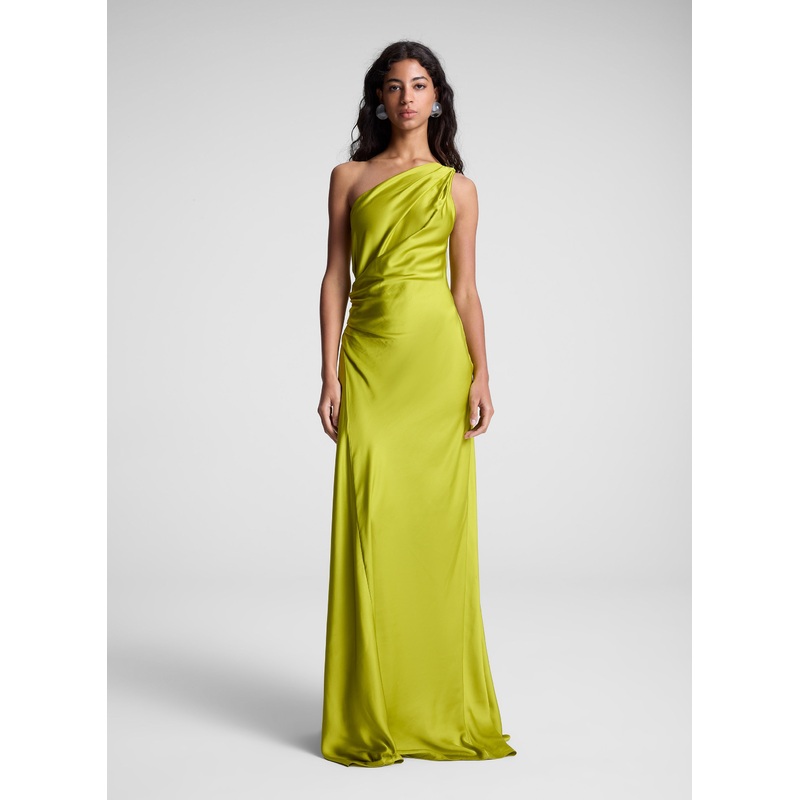 Aster Satin One Shoulder Gown|Green Amber|00|0|2|4|6|8|10|12|14