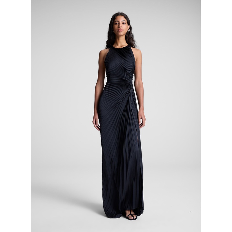 Reagan Satin Pleated Gown|Black|00|0|2|4|6|8|10|12|14