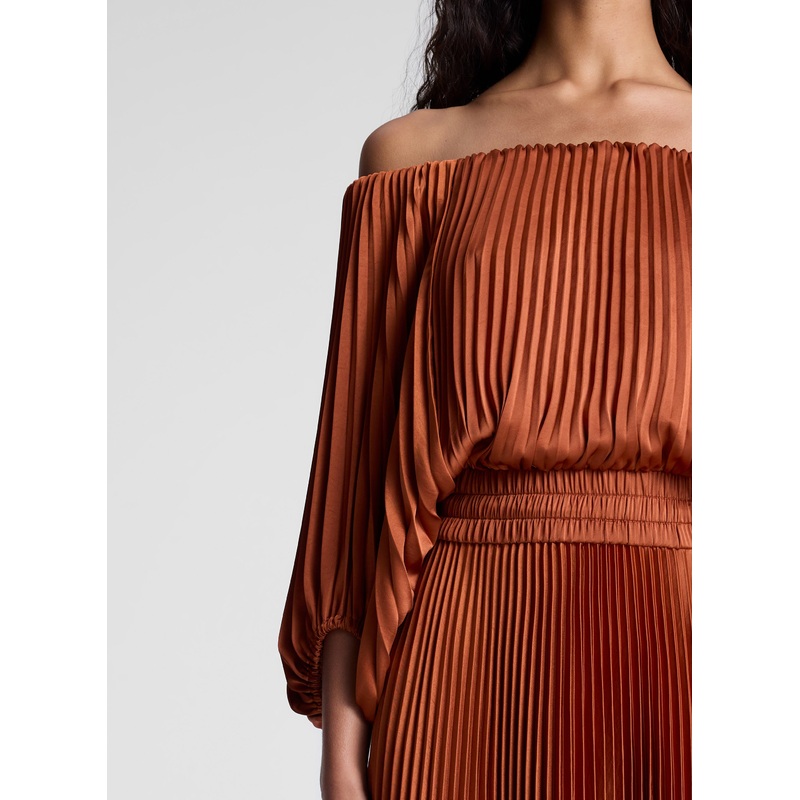 Sienna Satin Pleated Off Shoulder Midi Dress
