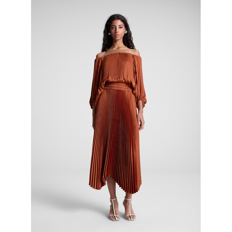 Sienna Satin Pleated Off Shoulder Midi Dress