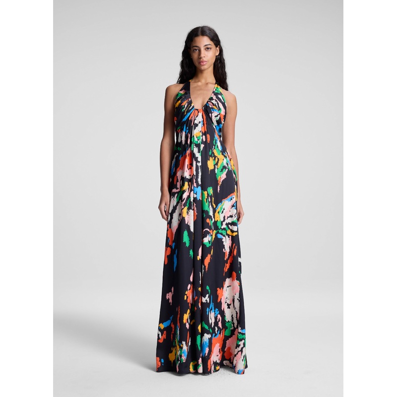 Al Printed Satin Halter Gown|Black Multi|00|0|2|4|6|8|10|12|14