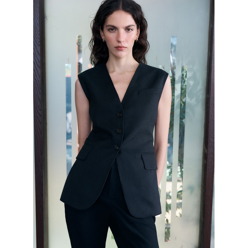 Noa Lace Up Linen Vest|Black|00|0|2|4|6|8|10|12|14