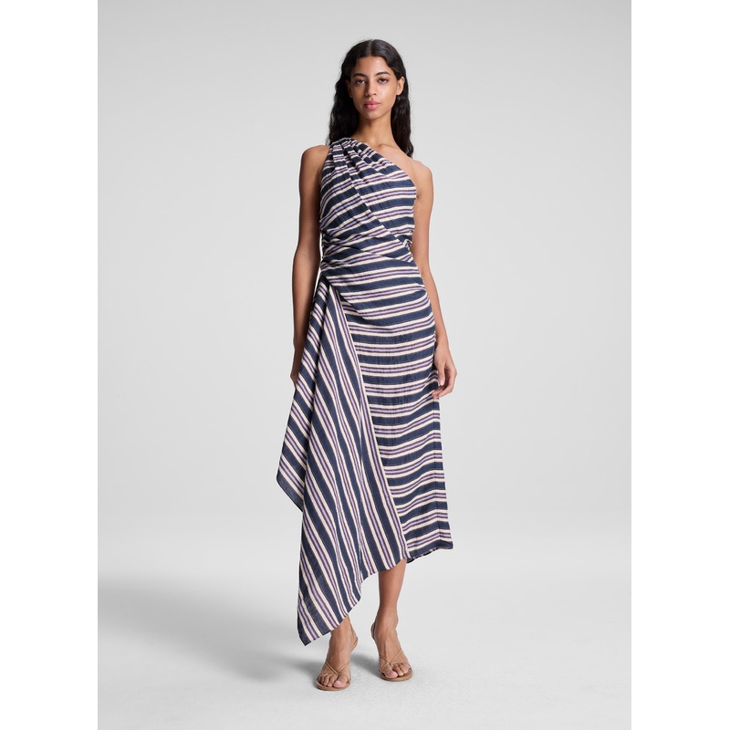 Lyn Striped Linen Midi Dress|Navy Stripe|00|0|2|4|6|8|10|12|14