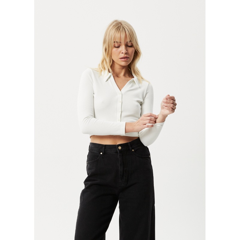 AFENDS Womens Eliza – Rib Long Sleeve Shirt – Off White