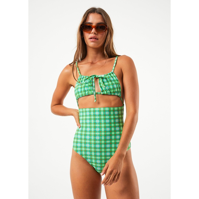 AFENDS Womens Tully – Tie One Piece Swimsuit – Forest Check