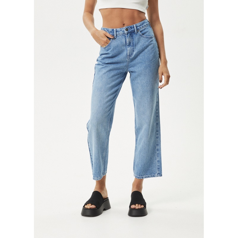 AFENDS Womens Shelby – Denim Cropped Straight Leg Jean – Worn Blue