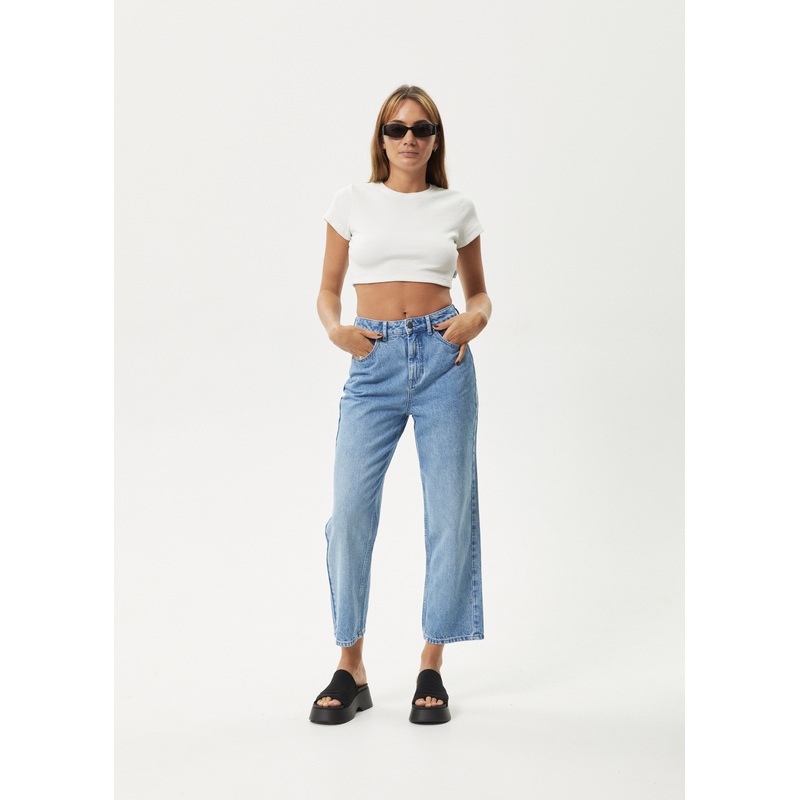 AFENDS Womens Shelby – Denim Cropped Straight Leg Jean – Worn Blue