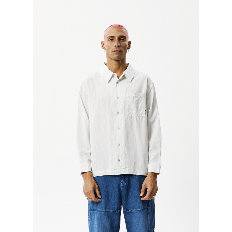 AFENDS Mens Locked Up – Striped Long Sleeve Shirt – Smoke