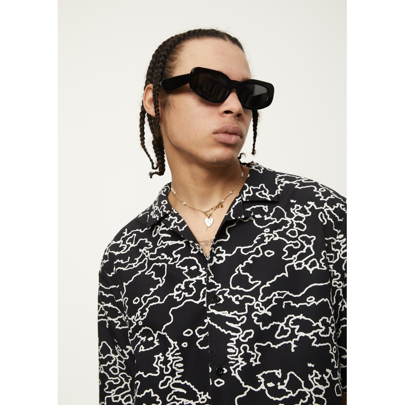 AFENDS Mens Script – Cuban Short Sleeve Shirt – Black Camo