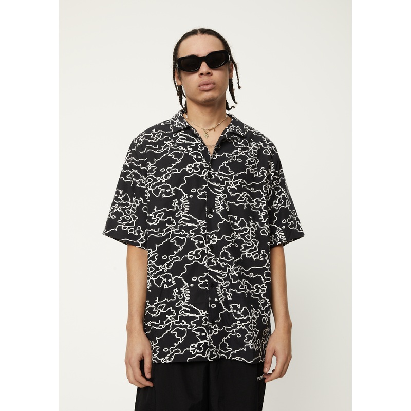 AFENDS Mens Script – Cuban Short Sleeve Shirt – Black Camo
