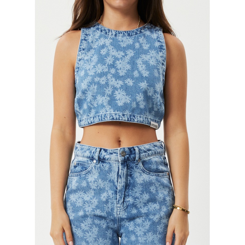 AFENDS Womens Fink – Denim Cropped Top – Worn Blue Daisy