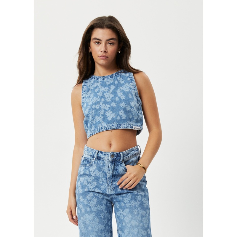 AFENDS Womens Fink – Denim Cropped Top – Worn Blue Daisy