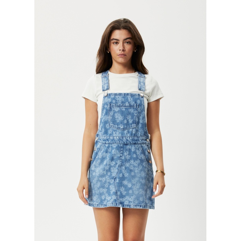 AFENDS Womens Fink – Denim Overall Dress – Worn Blue Daisy