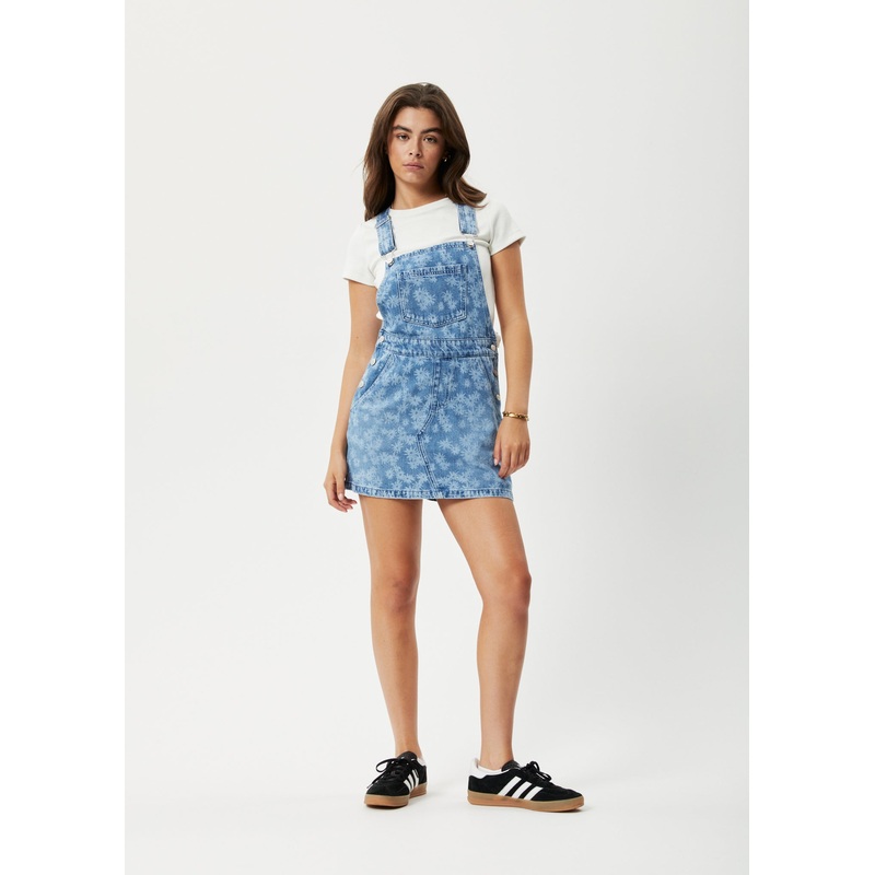 AFENDS Womens Fink – Denim Overall Dress – Worn Blue Daisy