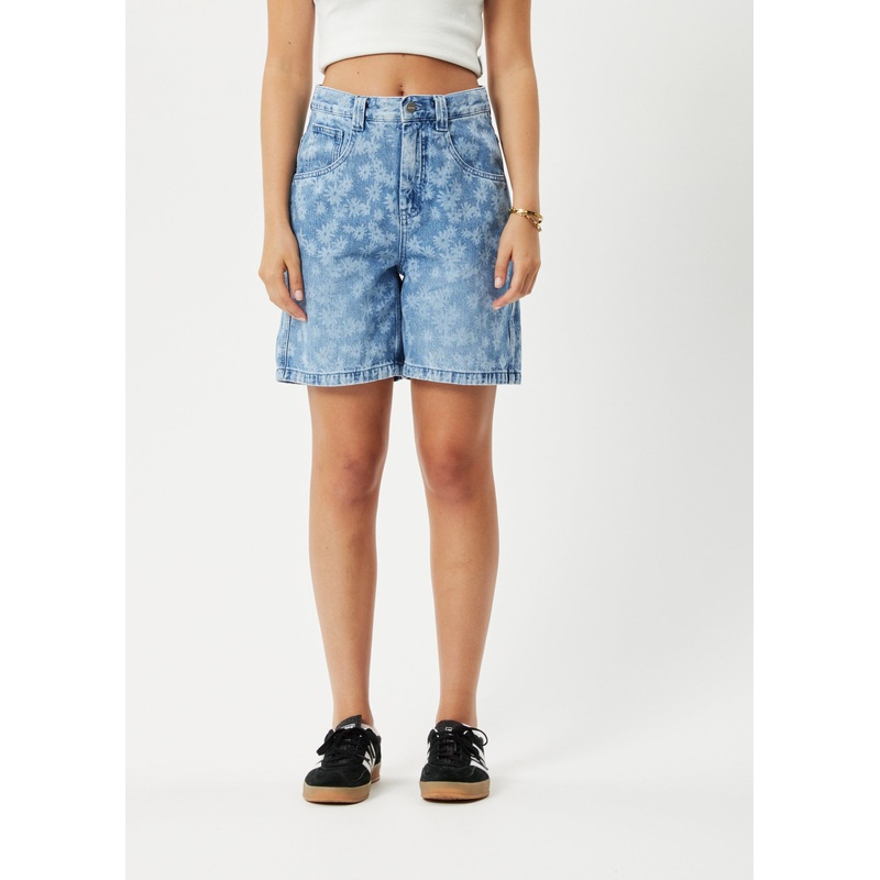 AFENDS Womens Fink Emilie – Denim Workwear Short – Worn Blue Daisy