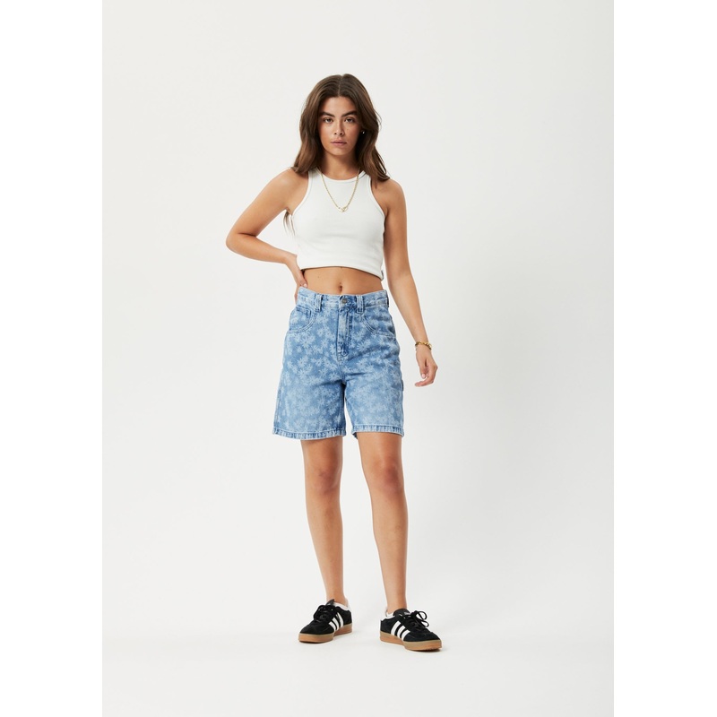 AFENDS Womens Fink Emilie – Denim Workwear Short – Worn Blue Daisy