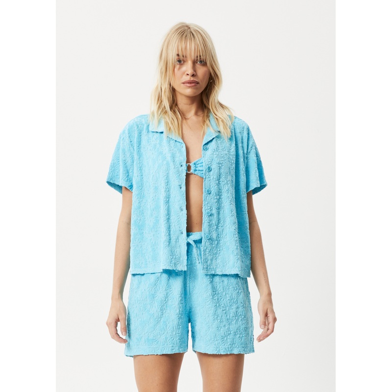 AFENDS Womens Moon – Terry Short Sleeve Shirt – Blue Daisy