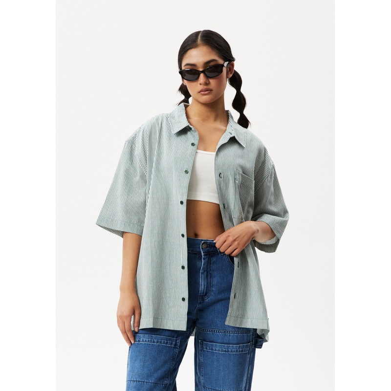 AFENDS Mens Intergalactic – Short Sleeve Shirt – Emerald Stripe