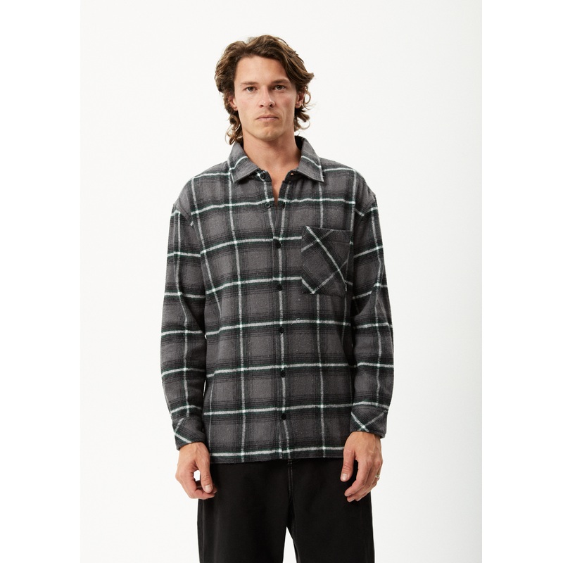 AFENDS Mens Sandstorm – Flannel Long Sleeve Shirt – Black Check
