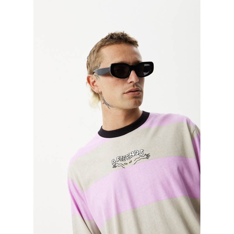 AFENDS Mens Space – Striped Long Sleeve Logo Tee – Candy Stripe