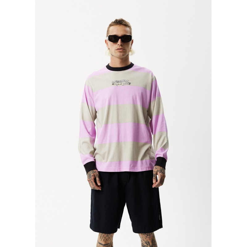 AFENDS Mens Space – Striped Long Sleeve Logo Tee – Candy Stripe
