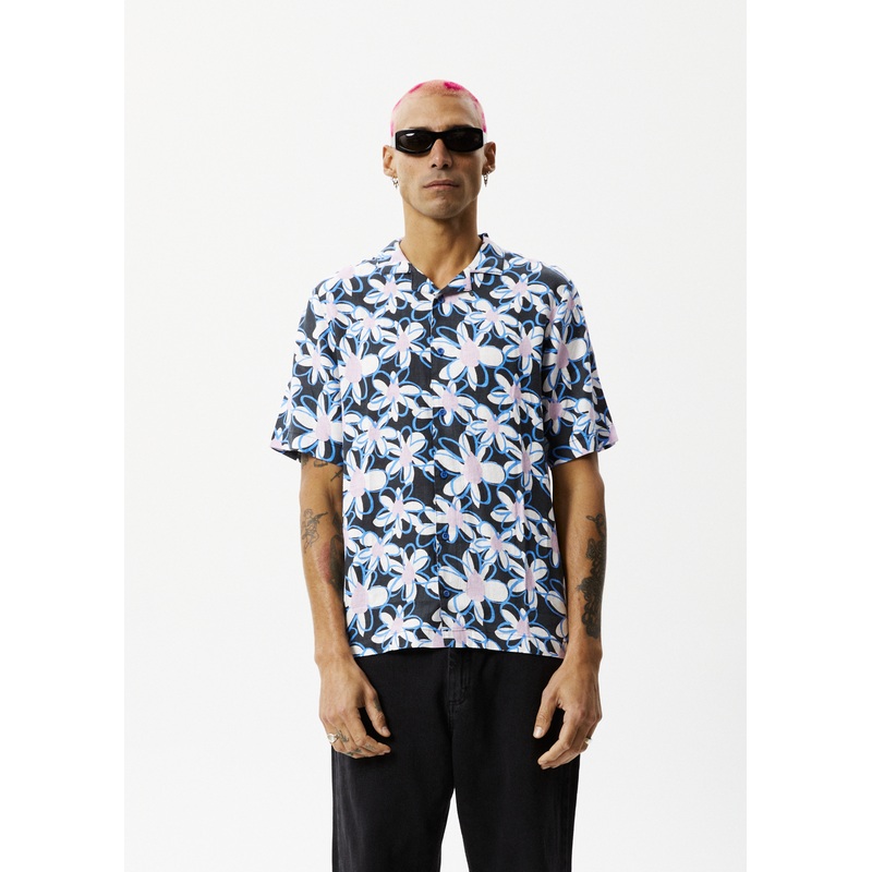 AFENDS Mens Waterfall – Cuban Short Sleeve Shirt – Stone Black