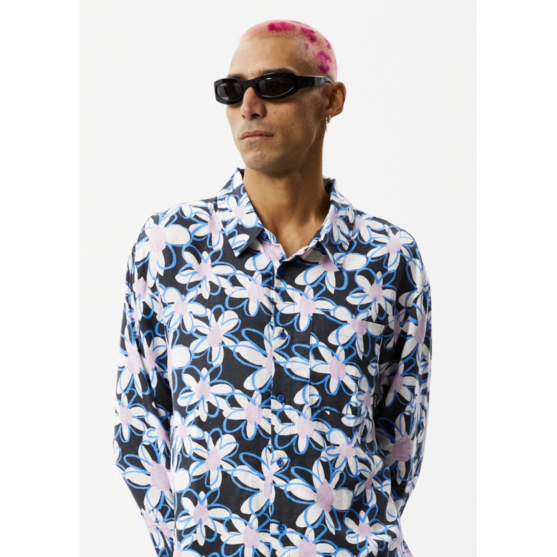 AFENDS Mens Waterfall – Long Sleeve Shirt – Stone Black