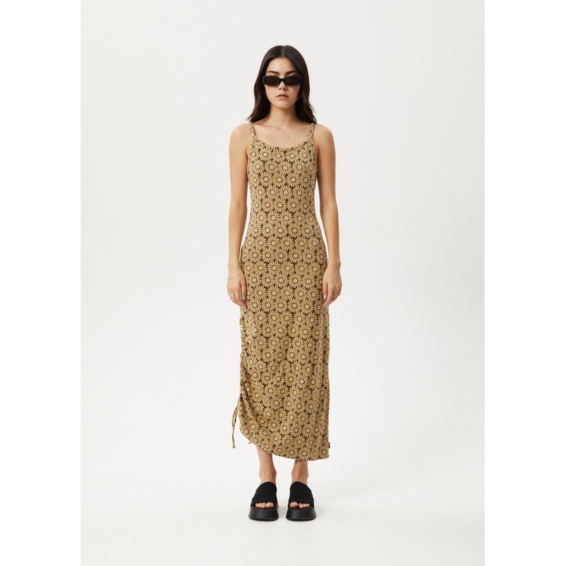 AFENDS Womens Daisy – Gathered Floral Maxi Dress – Toffee