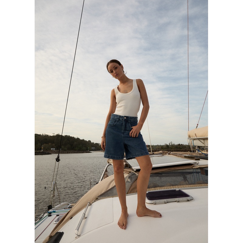 AFENDS Womens Emilie – Denim Workwear Short – Authentic Blue