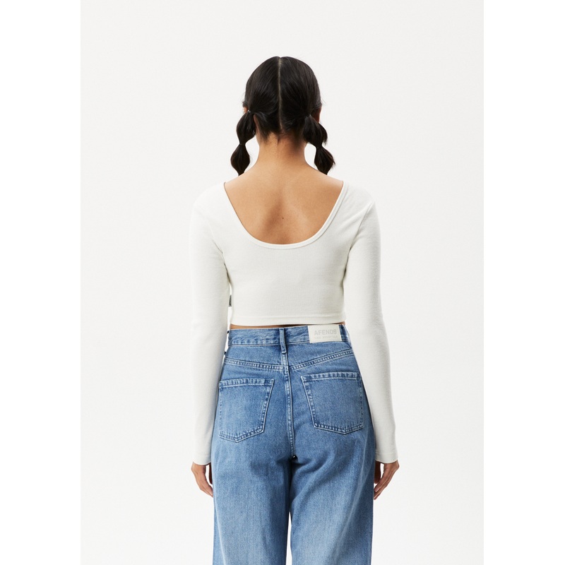 AFENDS Womens Milla – Rib Long Sleeve Cropped Top – Off White