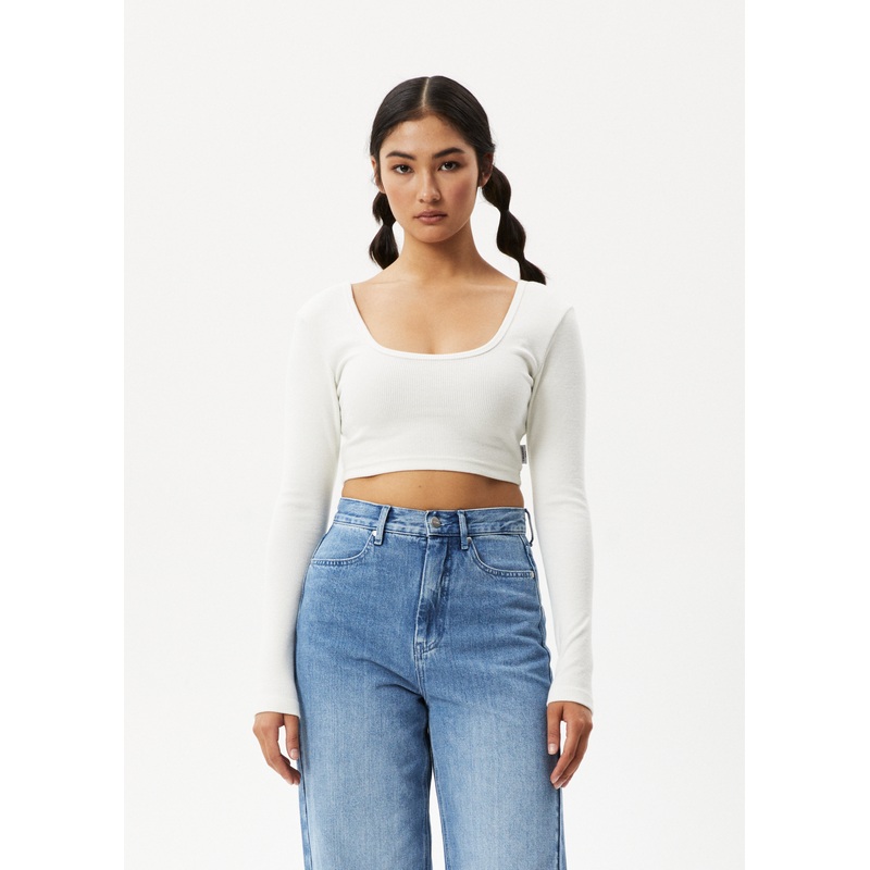 AFENDS Womens Milla – Rib Long Sleeve Cropped Top – Off White
