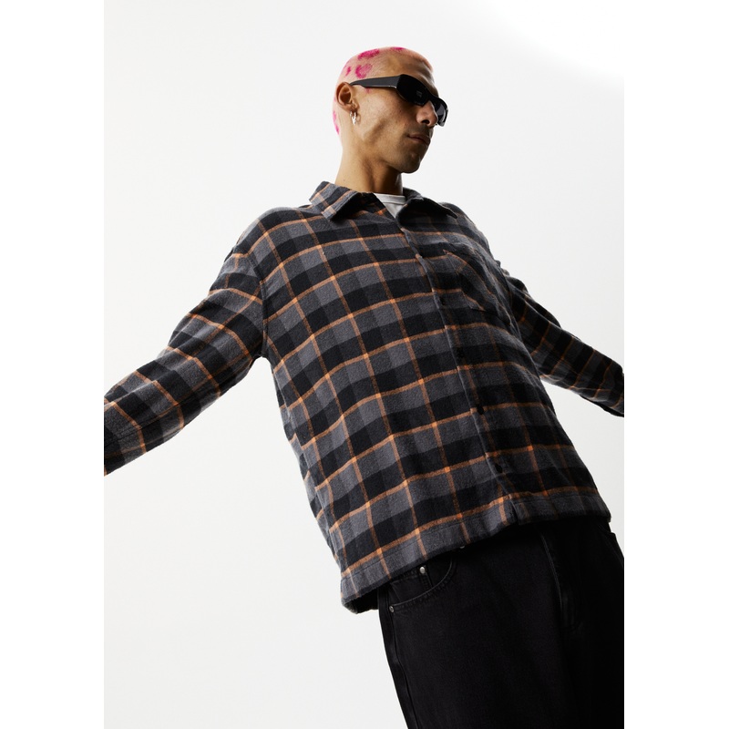 AFENDS Mens Flowerbed – Check Flannel Long Sleeve Shirt – Black