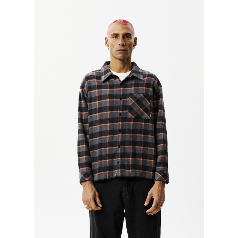 AFENDS Mens Flowerbed – Check Flannel Long Sleeve Shirt – Black