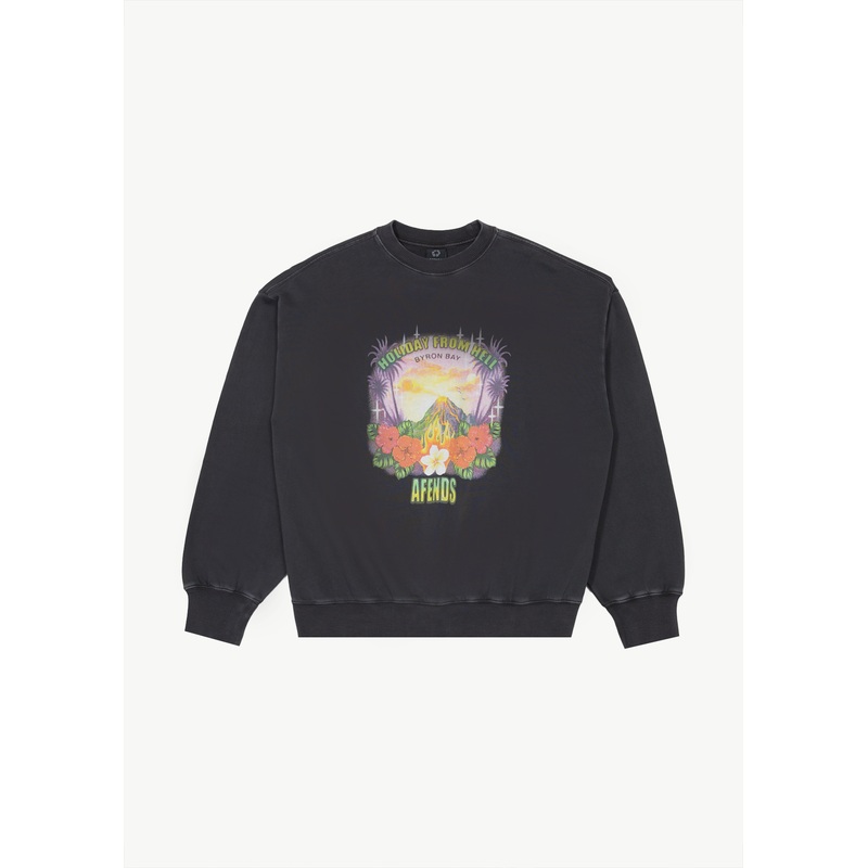 AFENDS Mens Holiday – Crew Neck Jumper – Stone Black