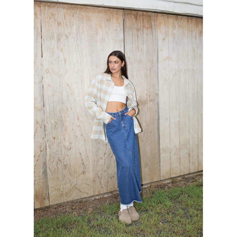 AFENDS Womens Chichi – Denim Midi Skirt – Authentic Blue