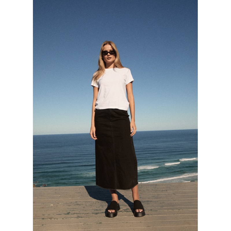 AFENDS Womens Chichi – Denim Midi Skirt – Washed Black